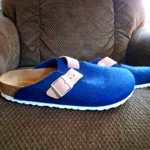 Birkenstock Blue Slip-On Sandals with Tan Buckle